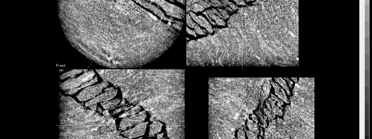 Orthogonal sections in a gneiss sample after uniaxial compression: clearly visibile the fracture pattern