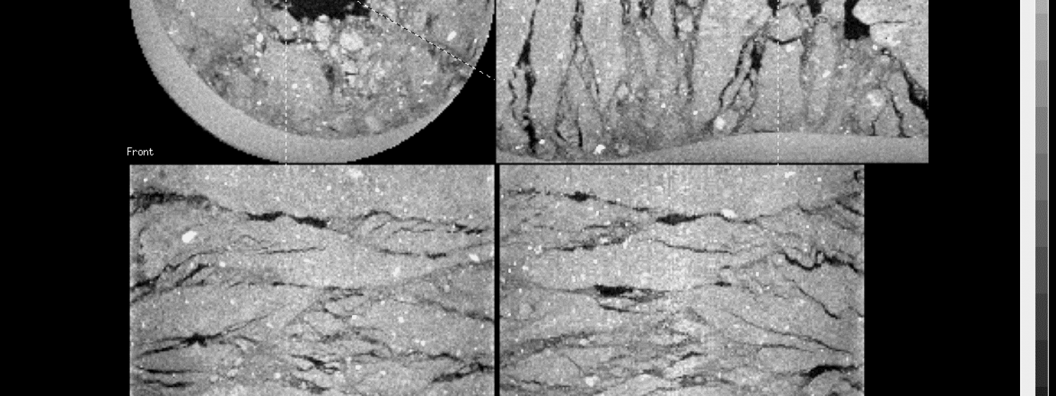 Orthogonal sections in a tuff sample after triaxial compression: clearly visibile the fracture pattern and the structure collapse